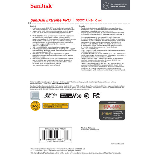  SanDisk Extreme PRO 128GB SDXC Memory Card V30 (200MB/s)